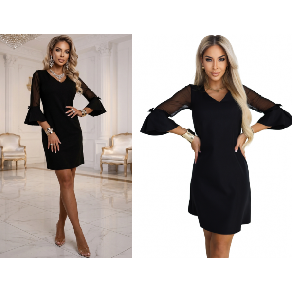 Obleka iz brokata A-kroja z rokavi iz tila in V-izrezom